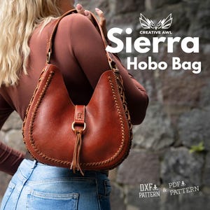 May include: A brown leather hobo bag with a curved shape and a long strap. The bag has decorative stitching around the edges and a tassel. The text "Sierra Hobo Bag" is displayed in white.