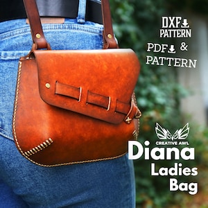 May include: A brown leather bag with a strap worn over the shoulder. The bag has a flap with a buckle and stitching detail. The text "Diana Ladies Bag" is visible below the bag. The text "DXF PATTERN PDF & PATTERN" is visible in the upper right corner of the image.