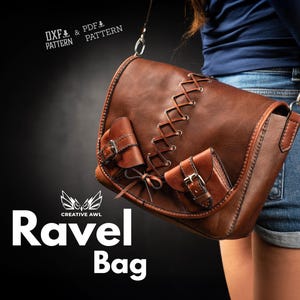 May include: Brown leather Ravel Bag with two front pockets and a decorative laced design. The bag has a shoulder strap and is worn by a person wearing denim shorts. The bag has the text "Ravel Bag" and "Creative AWL".