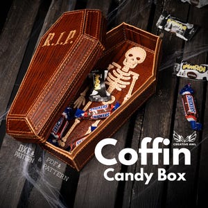 May include: A brown coffin-shaped candy box with the text "R.I.P." on the lid. Inside is a skeleton and candy bars. The words "Coffin Candy Box" are displayed in white text.