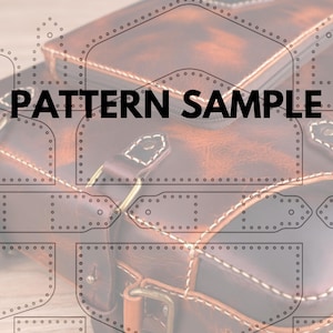 May include: Leatherworking pattern sample for a bag with multiple pieces, including straps, pockets, and a flap. The pattern is printed on a translucent sheet and placed over a brown leather bag.