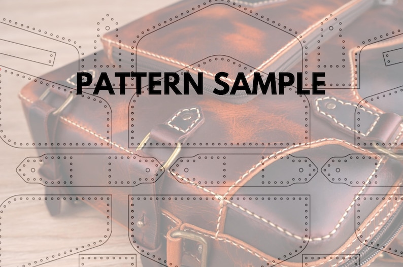 May include: Leatherworking pattern sample for a bag with multiple pieces, including straps, pockets, and a flap. The pattern is printed on a translucent sheet and placed over a brown leather bag.