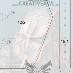 May include: A leather backpack pattern with detailed stitching and measurements for sewing. The pattern includes a flap with a buckle, a zipped pocket, and a strap. The pattern is labelled with numbers and measurements in inches.