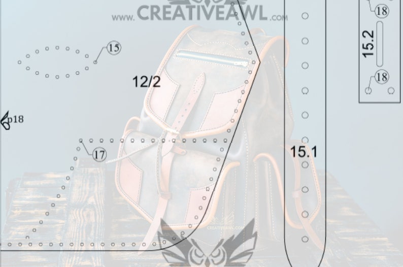 May include: A leather backpack pattern with detailed stitching and measurements for sewing. The pattern includes a flap with a buckle, a zipped pocket, and a strap. The pattern is labelled with numbers and measurements in inches.