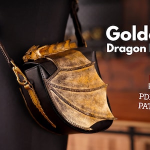 May include: A golden dragon-shaped leather bag with black accents. The bag has a strap and a flap with a dragon head design. The text "Golden Dragon Bag" is visible above the bag. The text "DXF PATTERN" and "PDF PATTERN" is visible below the bag.