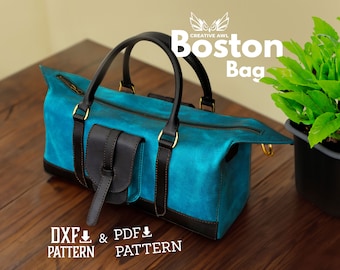May include: A teal blue leather Boston bag with black leather trim and gold hardware. The bag has a zipper closure and a small pocket on the front. The bag is sitting on a wooden surface.  DXF & PDF PATTERN