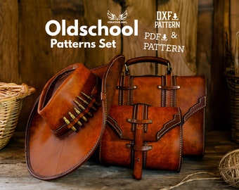 PDF & DXF Oldschool Briefcase Pattern Set- Leather shoulder , briefcase and cowboy hat pattern - Leather Pattern - Messenger Bag