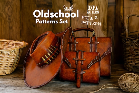 PDF & DXF Oldschool Briefcase Pattern Set- Leather shoulder , briefcase and cowboy hat pattern - Leather Pattern - Messenger Bag