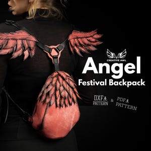 May include: A unique festival backpack with a feather design in shades of coral and black. The backpack has a distinctive wing-like structure on the shoulders and a large, rounded body. The text "Angel Festival Backpack" is displayed on the right.