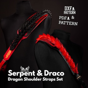 Könnte beinhalten: Ein Set aus zwei Leder-Schultergurten mit Drachen- und Schlangenmotiven. Die Gurte sind rot und schwarz und haben eine schuppige Textur. Die Gurte sind mit "Serpent & Draco Dragon Shoulder Straps Set" beschriftet.