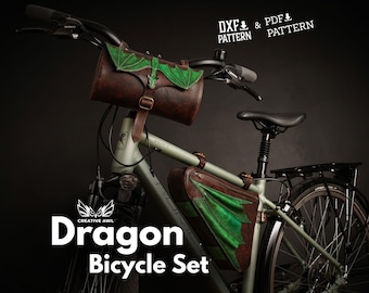 May include: A green and brown leather bicycle bag set with a dragon design. The set includes a handlebar bag and a frame bag. The bags are made of high-quality leather and have a durable construction. The bags are perfect for carrying your essentials on your bike rides.