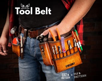 May include: A brown leather tool belt with multiple pockets and loops for carrying tools. The belt is worn by a person and has a variety of tools including screwdrivers, pliers, and a hammer. The text "Tool Belt" is displayed above the belt. The text "DXF & PDF PATTERN" is displayed below the belt.