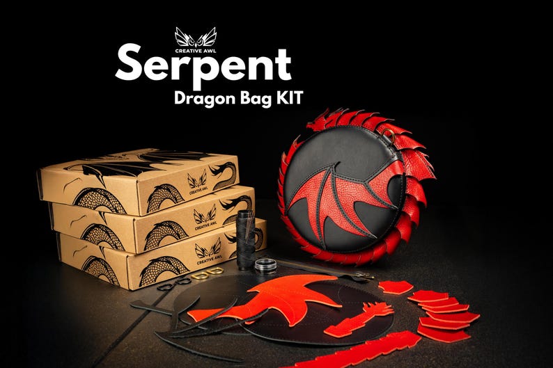 May include: A black and red dragon bag kit with the text "Serpent Dragon Bag KIT". The kit includes a black and red dragon-shaped bag, cardboard boxes, and other crafting supplies. The bag features a red dragon wing design.