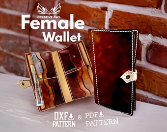 May include: A brown leather wallet with white stitching and a white leather strap. The wallet is open to show the interior, which has multiple card slots and a bill compartment. The wallet is on a white surface with a brick wall in the background. The text "Female Wallet" and "DXF & PDF PATTERN" is visible in the image.
