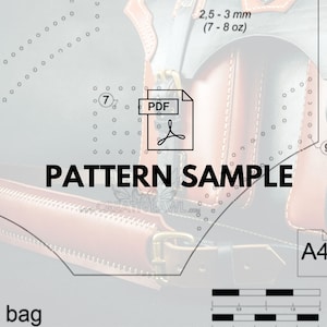May include: A detailed diagram of a flap bag pattern, featuring a PDF icon and the text "PATTERN SAMPLE." The design includes measurements in inches and a scale, with the text "2,5-3 mm (7-8 oz)" visible. The pattern is on an A4 size paper.