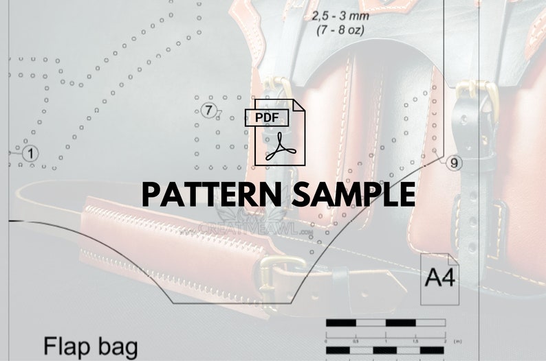 May include: A detailed diagram of a flap bag pattern, featuring a PDF icon and the text "PATTERN SAMPLE." The design includes measurements in inches and a scale, with the text "2,5-3 mm (7-8 oz)" visible. The pattern is on an A4 size paper.