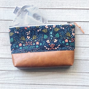 Blue Floral Zipper Pouch - makeup bag, pencil pouch, wallet, clutch, lip sense pouch, project bag, crochet hook holder