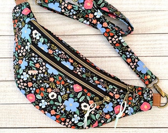 Black Floral Fanny Pack, Hip Bag, Bum Bag, Waist Pack, Sling Bag, Adjustable Crossbody Bag