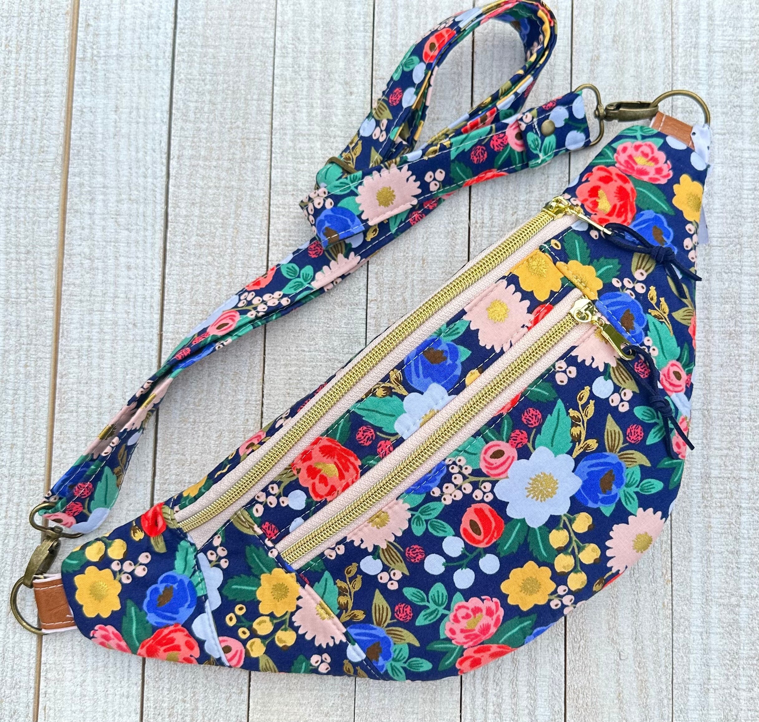 Blue Floral Adjustable Crossbody Bag, Fanny Pack, Hip Bag, Bum Bag, Waist Pack, Sling Bag