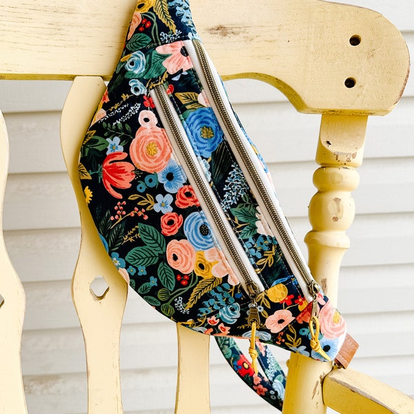 Dark Blue Floral Adjustable Crossbody Bag, Fanny Pack, Hip Bag, Bum Bag, Waist Pack, Sling Bag