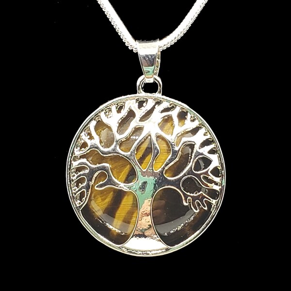 Tigers Eye Tree Of Life Silver Plated Pendant Birthstone Anniversary Chakra Reiki Natural Healing Energy Gemstone Necklace - Free Gift Box!