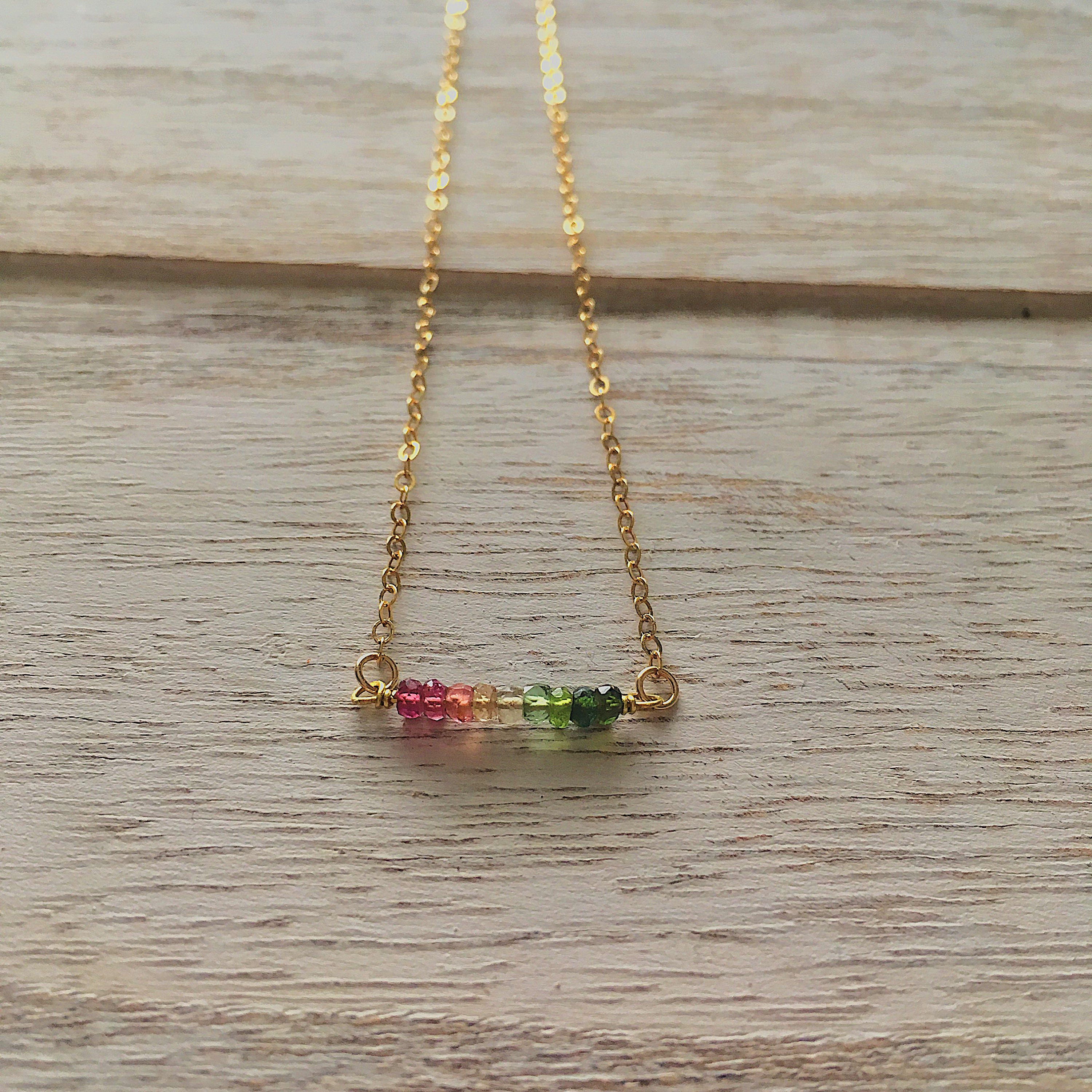 Watermelon Tourmaline Gemstone Bar Necklace Etsy