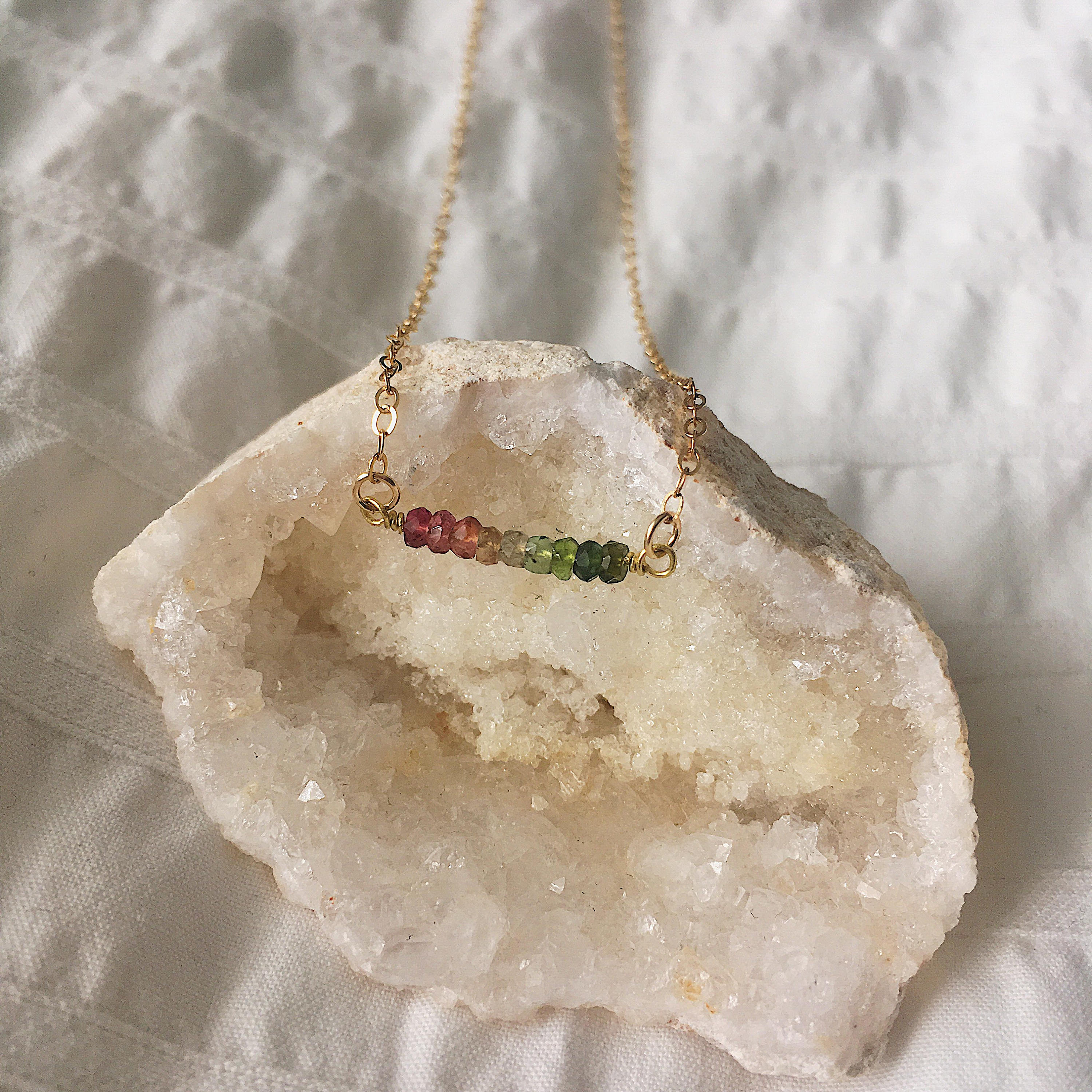 Watermelon Tourmaline Gemstone Bar Necklace Etsy