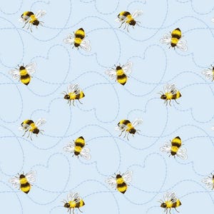 May include: A seamless pattern of yellow and black bees flying on a light blue background. The bees are flying in a circular pattern, with their wings outstretched. The background is a light blue color, with a subtle pattern of white dots.