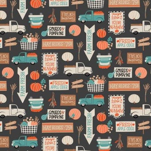 May include: A seamless pattern featuring a dark gray background with various fall-themed illustrations. The pattern includes white and teal pickup trucks, pumpkins, gourds, hay bales, and signs that read "Farm Fresh", "Fresh Apple Cider", "Gourds & Pumpkins", "Hay Rides - 75%", and "2 Miles to Patch Pumpkin".