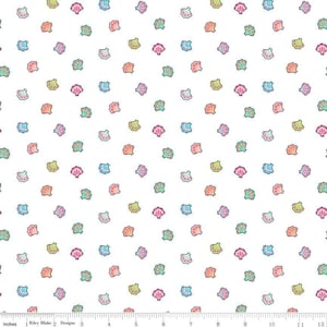 May include: A white background with a repeating pattern of colorful seashells. The shells are outlined in black and have a variety of colors, including pink, blue, green, and yellow.