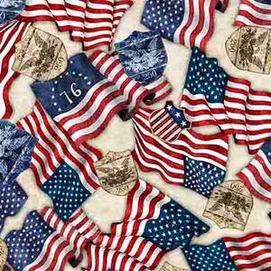 May include: A patriotic pattern featuring American flags, shields, and the number "76" against a cream background. The flags display red and white stripes with blue fields of white stars. Some shields have an eagle design and the number "250".