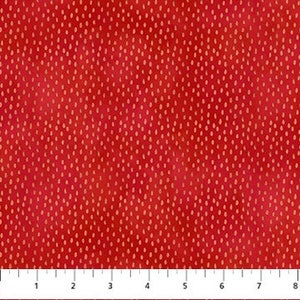 May include: Red fabric with a subtle, repeating pattern of small, light orange dots.