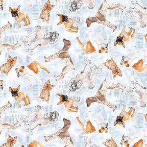 May include: A repeating pattern featuring various dog breeds in watercolor style. The dogs are depicted in different poses and colors, including brown, white, and tan, set against a light blue background with vertical lines.