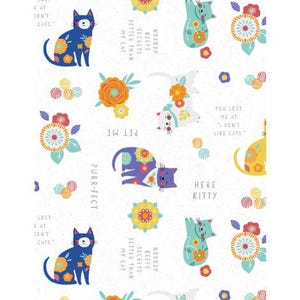 May include: White background with a repeating pattern of colorful cats and floral designs. The cats are in various poses and colors, including blue, purple, and yellow. Text includes phrases like "Purr-fect" and "Here Kitty."
