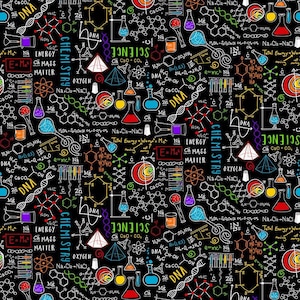 May include: Black background with a colorful science-themed pattern. The design includes molecular structures, beakers, and scientific formulas. The words "DNA", "Chemistry", and "Science" are also visible.