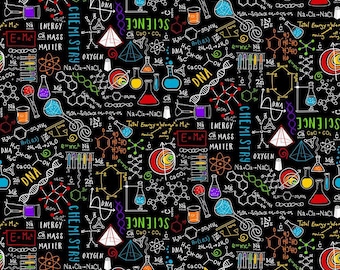 May include: Black background with a colorful science-themed pattern. The design includes molecular structures, beakers, and scientific formulas. The words "DNA", "Chemistry", and "Science" are also visible.