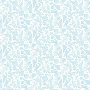 May include: A seamless pattern featuring a variety of seashells and starfish in a light blue color, set against a white background. The design includes detailed illustrations of different shell shapes, creating a textured and oceanic theme.