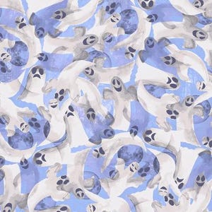 May include: A repeating pattern of watercolor ghosts in shades of white, gray, and blue. The ghosts have various facial expressions and are set against a light blue and white background. The design is whimsical and suitable for Halloween.