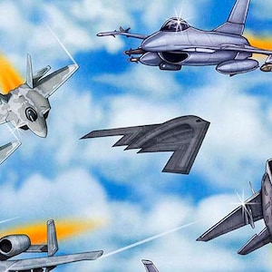 May include: Illustration of various military aircraft, including fighter jets and a stealth bomber, set against a blue sky with clouds. The artwork features detailed depictions of the planes with dynamic angles and effects.