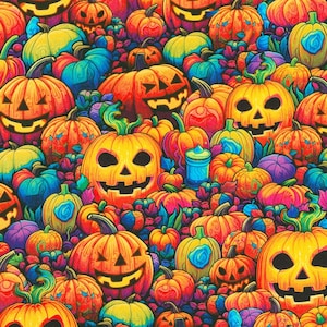 May include: A colorful pattern of jack-o'-lantern pumpkins with various expressions. The pumpkins are arranged in a chaotic, overlapping pattern, creating a festive and spooky Halloween vibe.