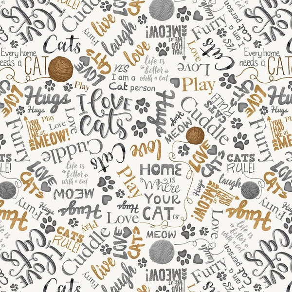 Quirky Cats Ball of Yarn and Text by Timeless Treasures Fabric // Quilting Cotton // Cotton Woven // 100% cotton // Cat Fabric