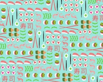 Michael Miller I Love Sushi Aqua // 100% quilting cotton // Food Fabric