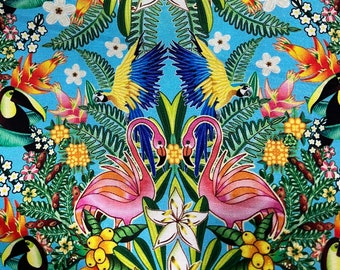May include: A colourful tropical pattern with parrots, toucans, and flamingos on a light blue backdrop. The design incorporates lush green foliage, white flowers, and vibrant tropical blooms. The artwork is symmetrical and highly detailed.