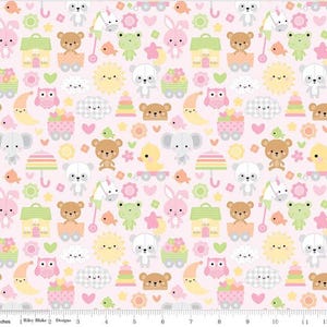 May include: A pink fabric with a repeating pattern of cute cartoon animals and objects. The design includes bears, bunnies, owls, ducks, houses, and flowers. The fabric is ideal for baby-themed crafts and projects.