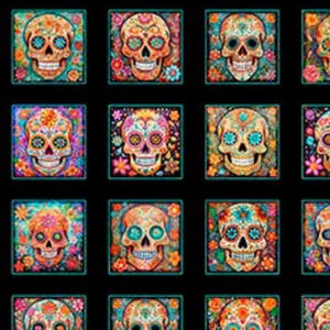 May include: A repeating pattern of colorful sugar skulls, each framed in a square. The skulls feature intricate floral and geometric designs in vibrant hues of orange, blue, pink, and green, set against a black background.