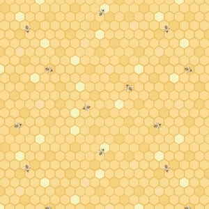 May include: A repeating pattern of a honeycomb with bees. The honeycomb is a light yellow color with a hexagonal design. The bees are gray and white, and are scattered throughout the pattern. The overall theme is nature and bees.