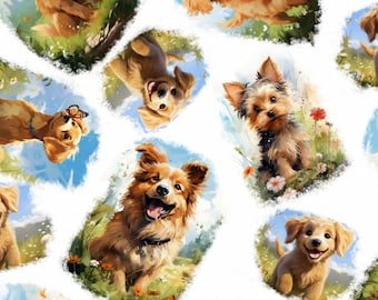 May include: A seamless pattern featuring various breeds of dogs in a playful and whimsical style. The dogs are depicted in a variety of poses, with some looking directly at the viewer, while others are looking off to the side. The background is a white canvas with a soft, watercolor-like texture.