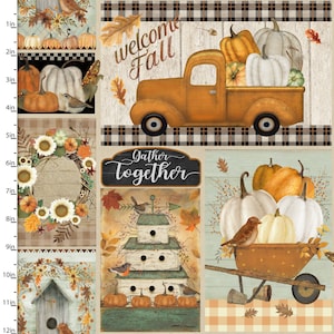 May include: A collage of fall-themed images featuring a truck filled with pumpkins, a birdhouse, a wreath, and a sign that says "Gather Together".