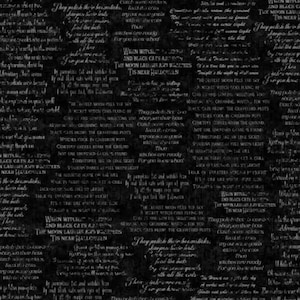 May include: Black and white Halloween-themed fabric with handwritten script. The text includes phrases like "When Witch" and "Tis Near Halloween". The fabric has a distressed, vintage look.