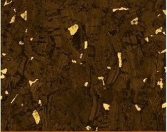 May include: A close-up of a brown cork fabric with flecks of gold glitter. The fabric has a natural, textured look and feel.